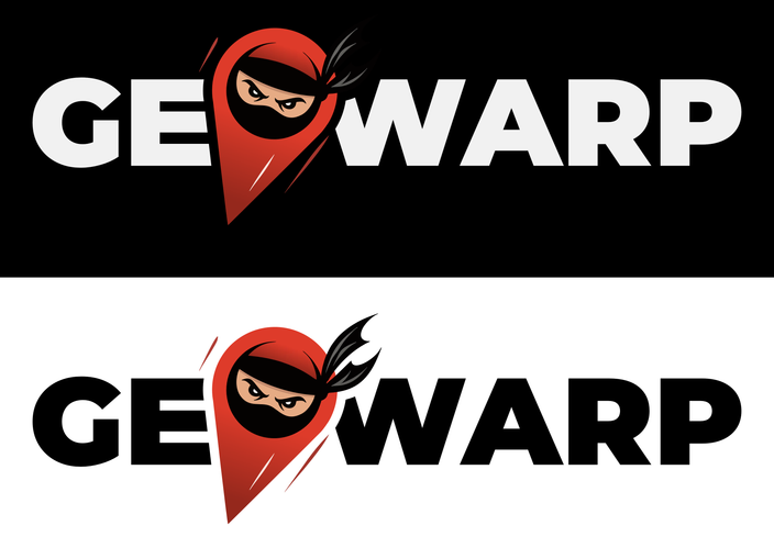 Plansza robocza logo GeoWarp z postacią ninja wpisaną w pinezkę lokalizacji