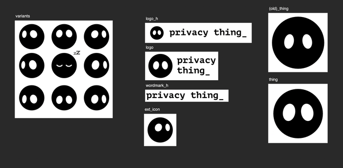 Plansza robocza z wariantami spojrzenia Thinga, znakiem, logotypem i układami logo Privacy Thing